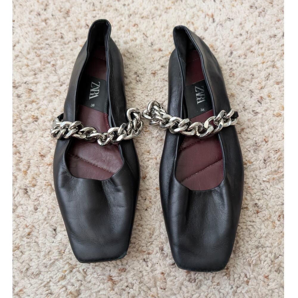 zara leather ballet flats with chunky silver chain strap